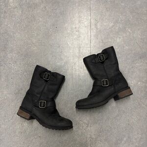 UGG Women’s Chaney Black Leather Mid Calf Leather Moto Boots